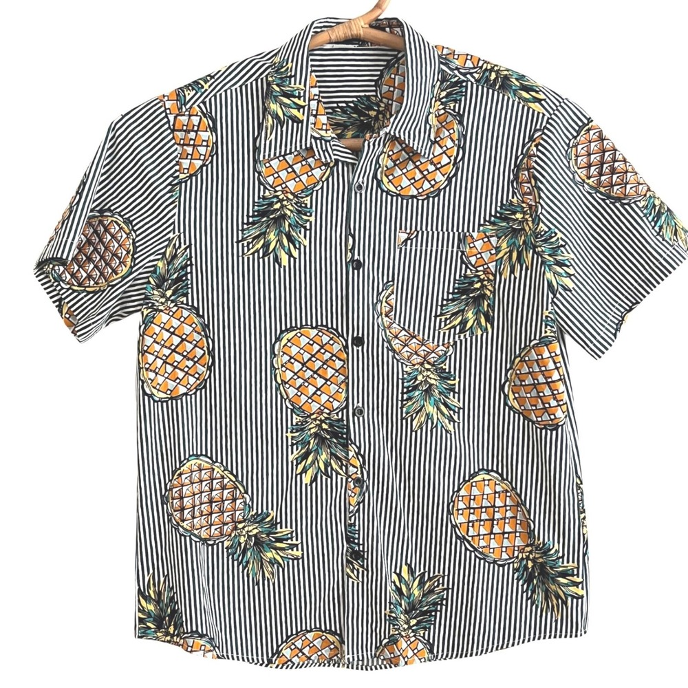 MePineapple Striped Shirt Mens Pineapple Shirt M Short Sleeve Striped Cotton